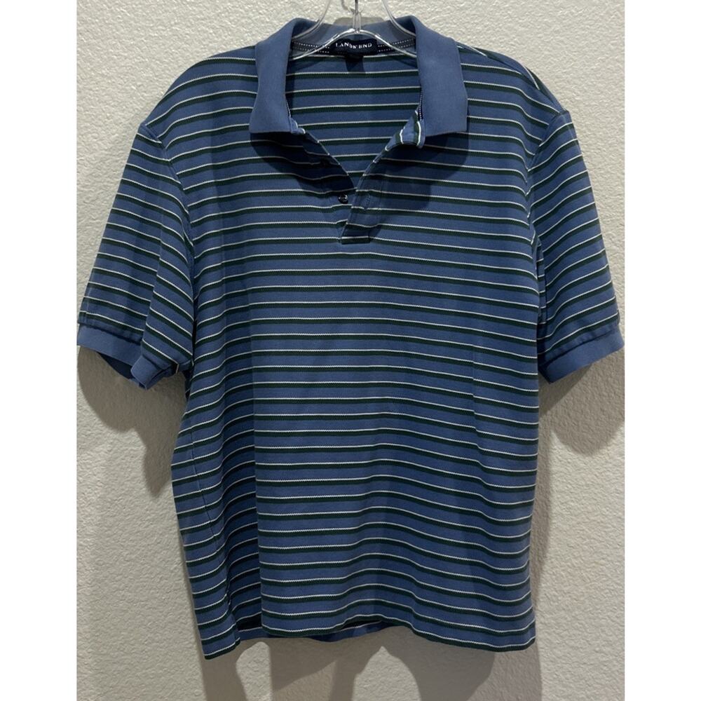 Lands End Men’s Blue Striped Polo Shirt Size Medium 100% Pima Cotton